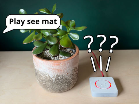 A Home Assistant Voice device with a red light ring and question marks above it, beside a plant and a speech bubble saying "Play see mat".